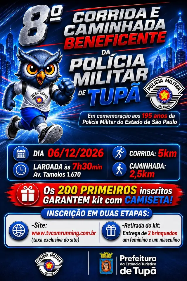 8ª EDIÇÃO DA CORRIDA E CAMINHADA BENEFICENTE EM COMEMORAÇÃO AOS 195 ANOS DA POLÍCIA MILITAR TUPÃ SP logo