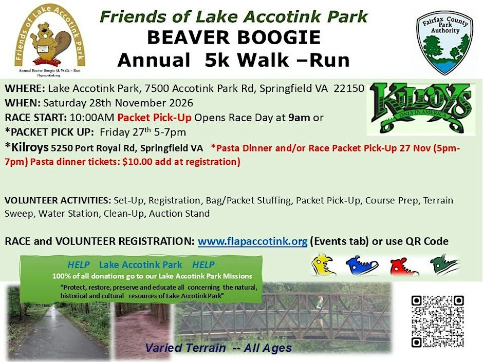 4th Annual Lake Accotink Park Beaver Boogie 5k Run or Walk