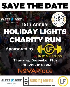 Fleet Feet and Dancing Gnome Run Clubs' Holiday Lights Charity Run sponsored by Union Fitness Logo