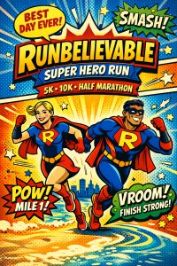 SuperHero - Runbelievable - 5K. 10K. Half Marathon by Califlow Runs Logo