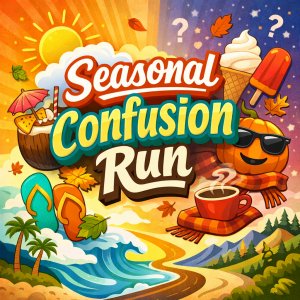 Seasonal Confusion 5K. 10K. Half Marathon by Califlow Runs Logo