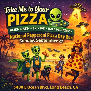 Take Me to Your Pizza : Alien Dash 5K. 10K. Half Marathon by Califlow Runs Logo